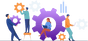 A group of people working with gears and cogs.