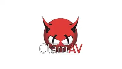 A red devil logo with the word clam av.