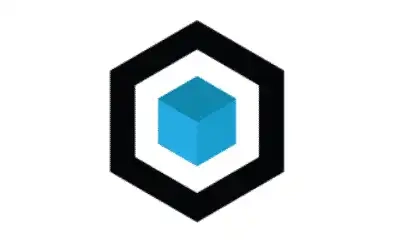 A blue and black logo with a square in the middle.