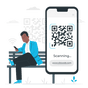 A man sitting on a bench with a phone and a qr code.