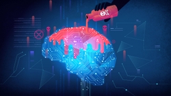 Image of a hand pouring pink ink on human brain