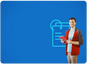 A man holding a book in front of a blue background.