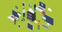 A group of people with laptops and computers on a green background.