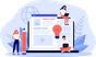 Illustration of a development team working on laptops around a large web page mockup with a lightbulb idea icon