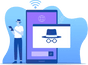 A man in a hat is standing next to a phone with a wifi icon.