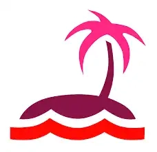A logo with a palm tree on top of a wave.