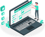 Isometric image of a man pointing at a laptop with a blog on it.