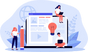 A cartoon illustration of people working on a laptop.