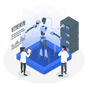 An isometric image of a robot and two people.