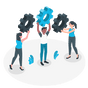 Isometric illustration of a group of people holding gears.