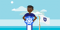 A cartoon of a man standing in front of a flag.