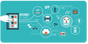 A blue background with icons and symbols.