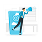 A man with a megaphone standing next to a screen.