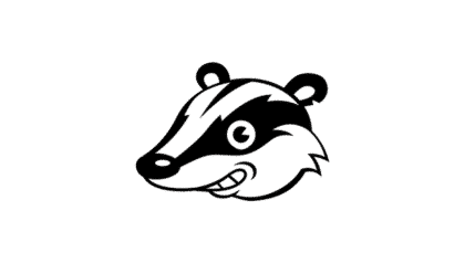 A black and white badger logo on a white background.