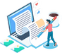 Isometric illustration of a man working on a laptop with a pen and paper.