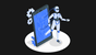 An isometric image of a robot standing next to a smartphone.