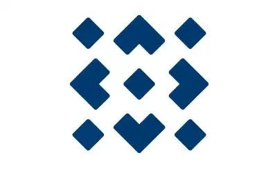 A blue and white logo with diamonds on it.